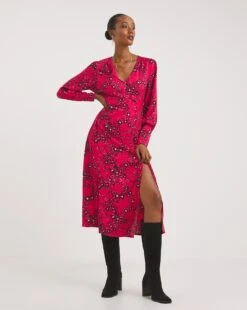 Pink Print V-Neck Deep Cuff Split Midi Dress| Pink Print -Trendy Rae Sales x01gh614746w