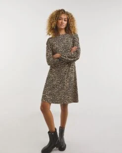 Balloon Sleeve Soft Touch Jersey A-Line Dress| Animal Print