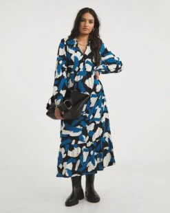 Graphic Print Balloon Sleeve Midi Smock Dress| Blue/Black