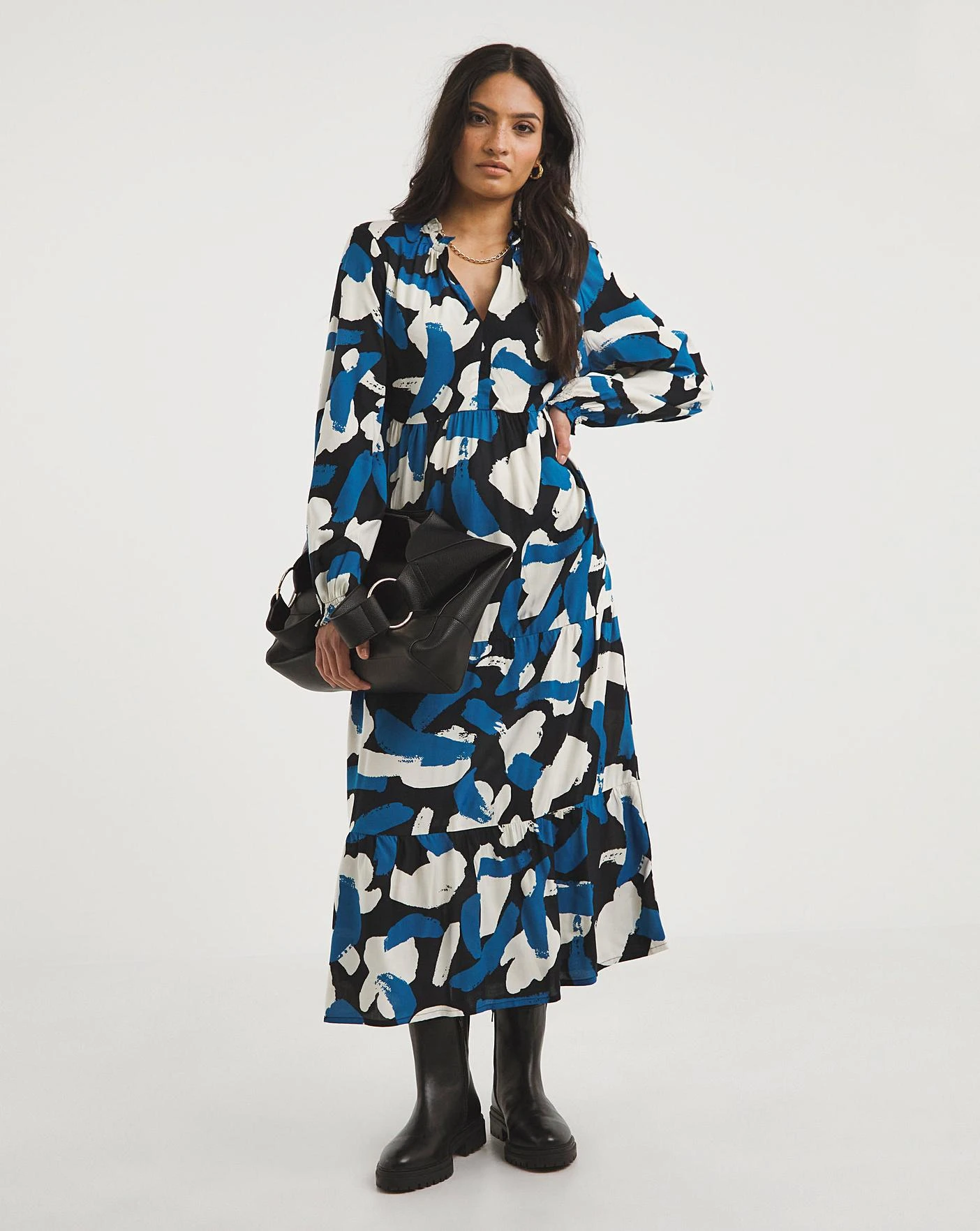 Graphic Print Balloon Sleeve Midi Smock Dress| Blue/Black 3 Graphic Print Balloon Sleeve Midi Smock Dress| Blue/Black