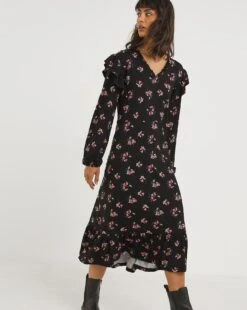 Joe Browns Floral Lettuce Hem Jersey Midi Dress| Black Pink -Trendy Rae Sales x01gv824747w