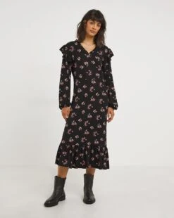 Joe Browns Floral Lettuce Hem Jersey Midi Dress| Black Pink