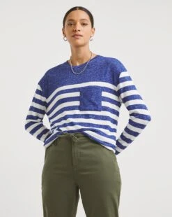 Blue Stripe Soft Touch Colour Block Pocket And Yoke Detail Long Sleeve Top| Blue Stripe