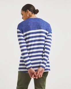 Blue Stripe Soft Touch Colour Block Pocket And Yoke Detail Long Sleeve Top| Blue Stripe -Trendy Rae Sales x01hi684723w