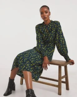 Balloon Sleeve Keyhole Neck Dress| Yellow Floral