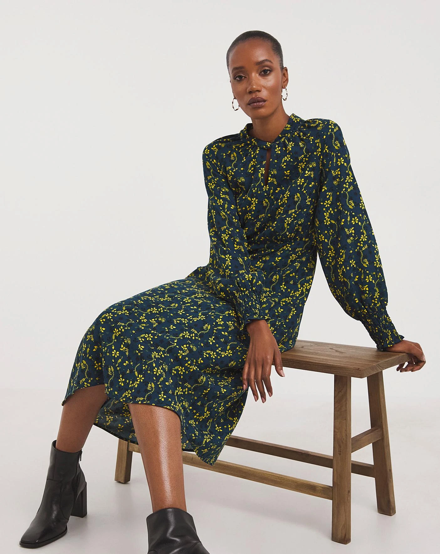 Balloon Sleeve Keyhole Neck Dress| Yellow Floral 3 Balloon Sleeve Keyhole Neck Dress| Yellow Floral