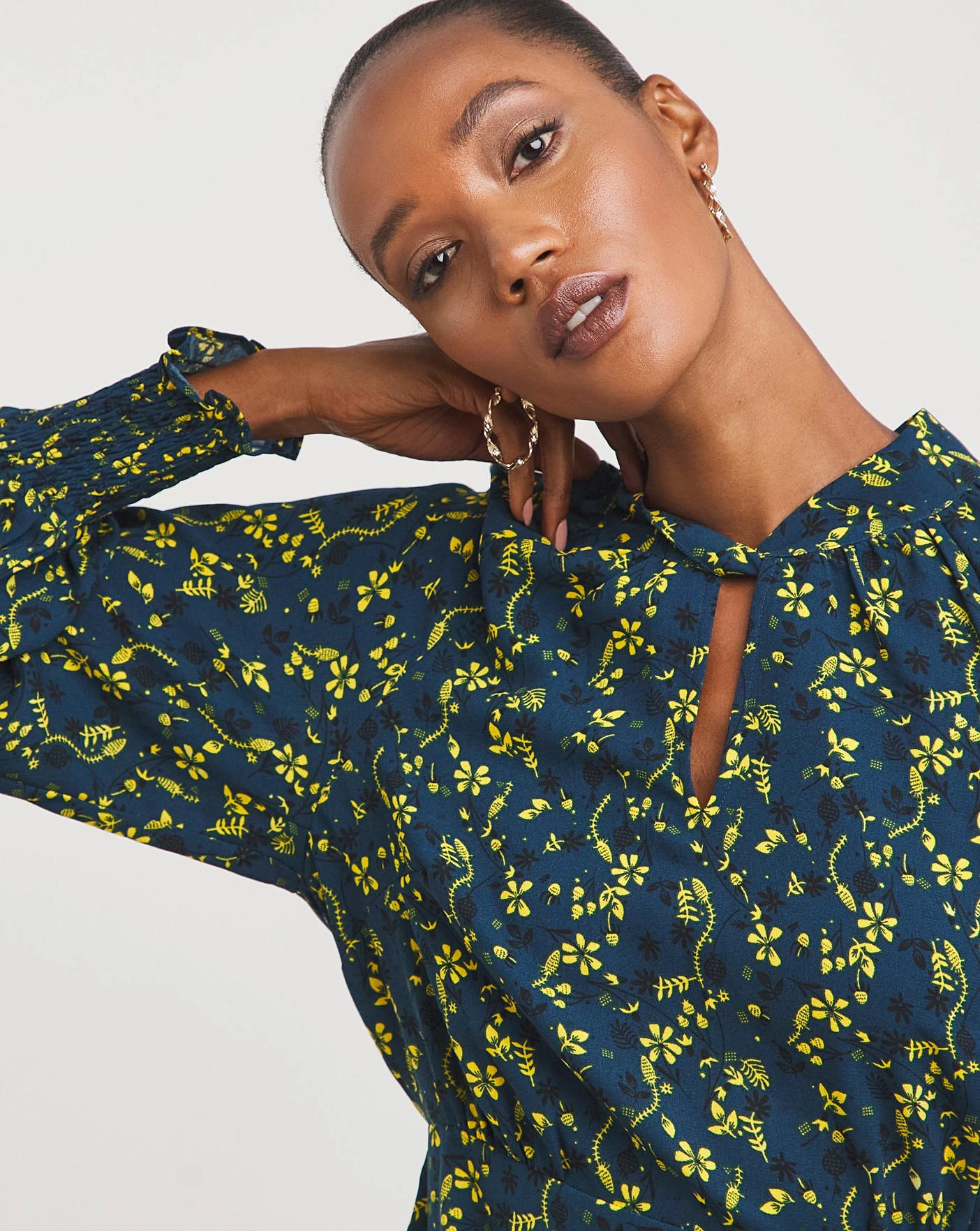 Balloon Sleeve Keyhole Neck Dress| Yellow Floral 5 Balloon Sleeve Keyhole Neck Dress| Yellow Floral - Image 3