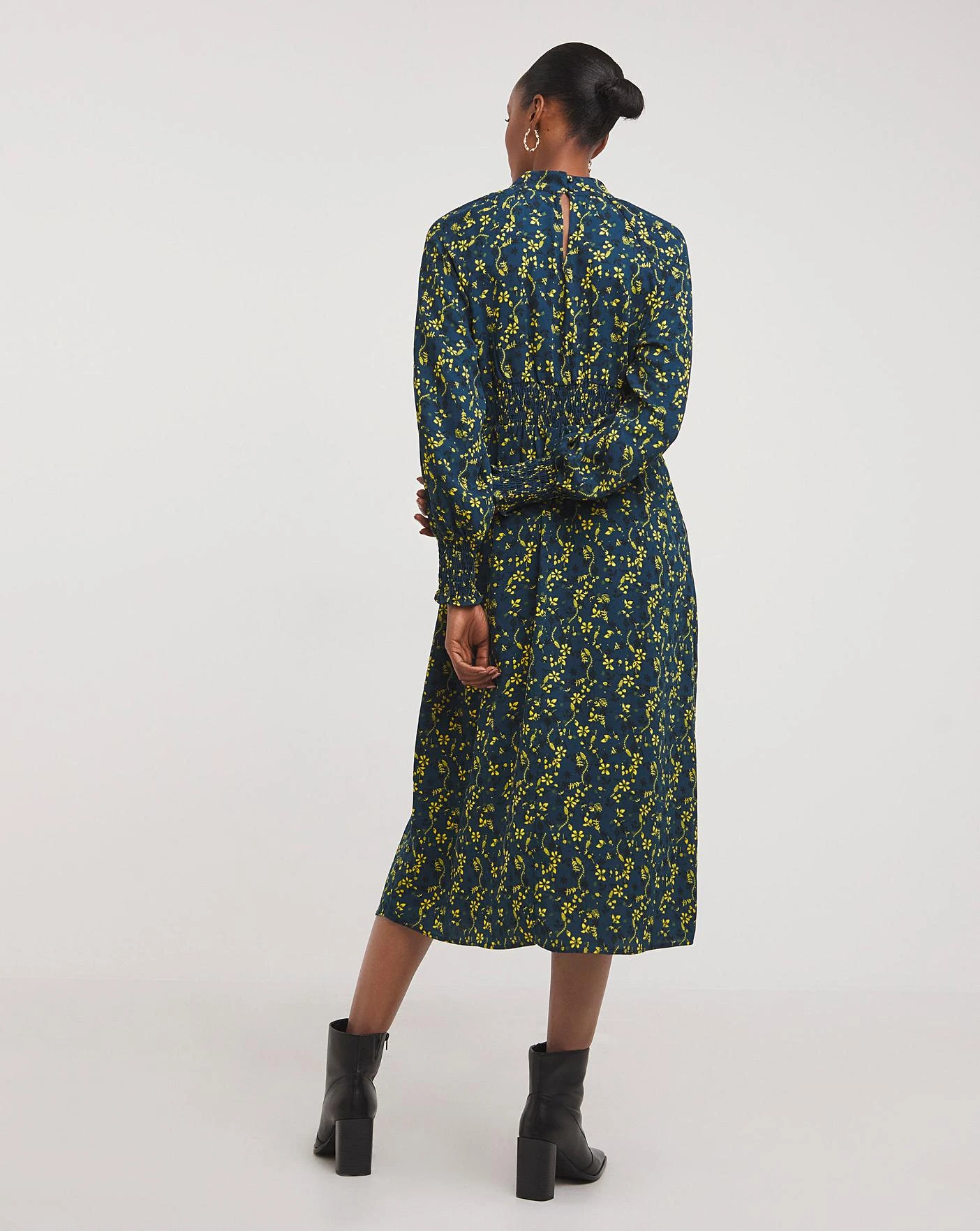 Balloon Sleeve Keyhole Neck Dress| Yellow Floral 4 Balloon Sleeve Keyhole Neck Dress| Yellow Floral - Image 2