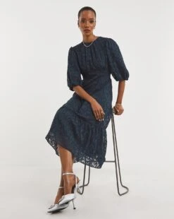 Joanna Hope Navy Burnout Bubble Sleeve Midi Dress| Navy