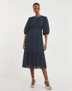 Joanna Hope Navy Burnout Bubble Sleeve Midi Dress| Navy -Trendy Rae Sales x01ow458959w