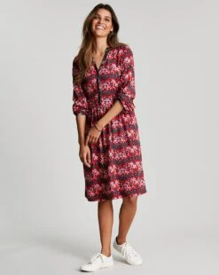Joules Sophia Floral Print Half Placket Shirt Dress| Red Multicolour -Trendy Rae Sales x01re728503s
