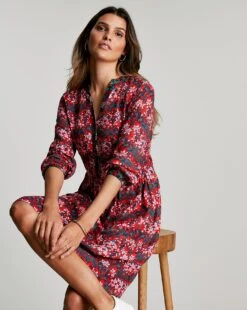 Joules Sophia Floral Print Half Placket Shirt Dress| Red Multicolour