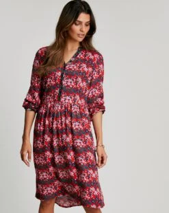 Joules Sophia Floral Print Half Placket Shirt Dress| Red Multicolour -Trendy Rae Sales x01re728505s