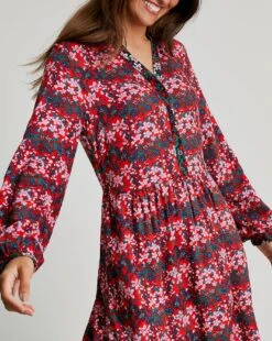 Joules Sophia Floral Print Half Placket Shirt Dress| Red Multicolour -Trendy Rae Sales x01re728506s