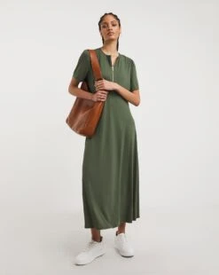 Jersey Midi Dress With Zip Front| Deep Khaki