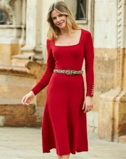 Sosandar Square Neck Gold Button Cuff Knitted Midi Dress| Red Multicolour -Trendy Rae Sales x01uv560502s