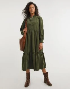 Khaki Tiered Long Sleeve Smock Dress| Khaki