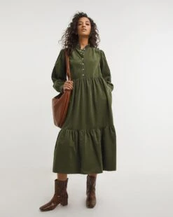 Khaki Tiered Long Sleeve Smock Dress| Khaki -Trendy Rae Sales x01uy429737w
