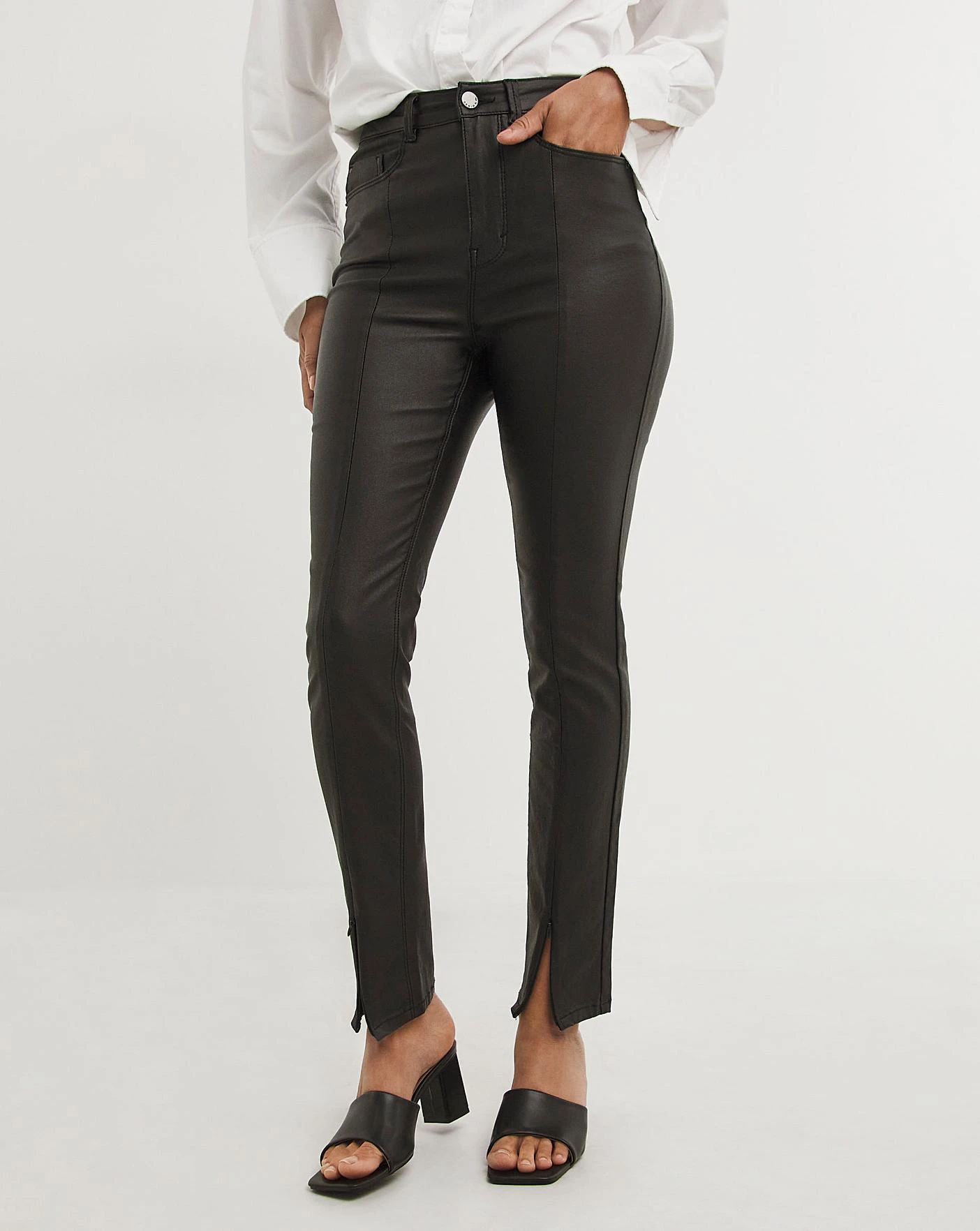 Black Coated Splitfront Hem Slim Jeans| Black 4 Black Coated Splitfront Hem Slim Jeans| Black - Image 2