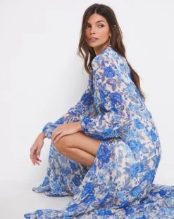 Joanna Hope Printed Metallic Blue Dobby Maxi Dress| Blue Print
