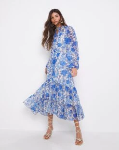 Joanna Hope Printed Metallic Blue Dobby Maxi Dress| Blue Print -Trendy Rae Sales x01wi358726w