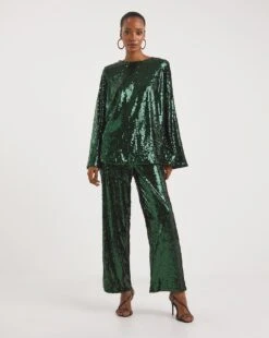 Green Pull On Sequin Straight Leg Trouser| Green -Trendy Rae Sales x01zg001747w