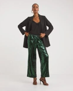 Green Pull On Sequin Straight Leg Trouser| Green -Trendy Rae Sales x01zg001748w