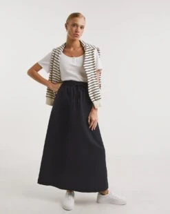 Navy Linen Mix Maxi Skirt| Navy