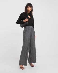 Wide Leg Glitter Knit Pull On Trouser| Black/Silver