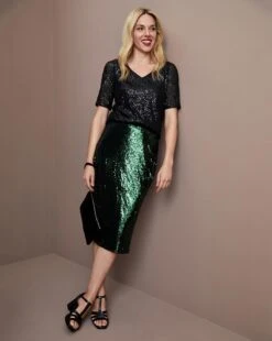 Pull On Sequin Midi Pencil Skirt| Green