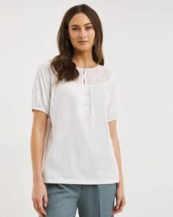 Julipa Broderie Detail Jersey Top| White