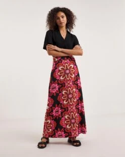 Ro&Zo Moroccan Rose Print Maxi Skirt| Black
