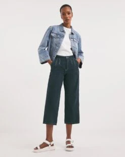 Navy Wide Leg Crop Carpenter Trousers With Contrast Stitch| Navy