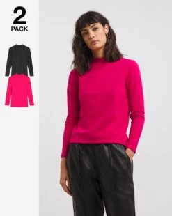 Cerise/Black 2 Pack Long Sleeve High Neck Tops| Multi Coloured Coloured