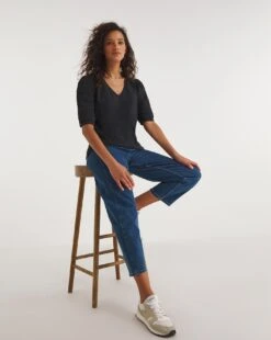 Black Broderie Sleeve Detail V-Neck Top| Black