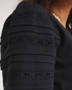 Black Broderie Sleeve Detail V-Neck Top| Black -Trendy Rae Sales y01fz990726w
