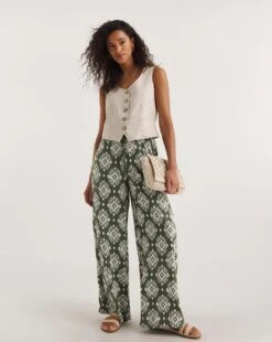 Khaki Print Spun Viscose Pull On Wide Leg Trousers| Khaki Print