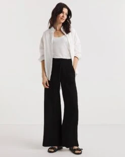 Black Crinkle Wide Leg Trousers| Black