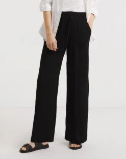 Black Crinkle Wide Leg Trousers| Black -Trendy Rae Sales y01gz380731w