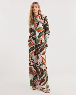 Tropical Green Print Linen Mix Wide Leg Trousers| Tropical Print