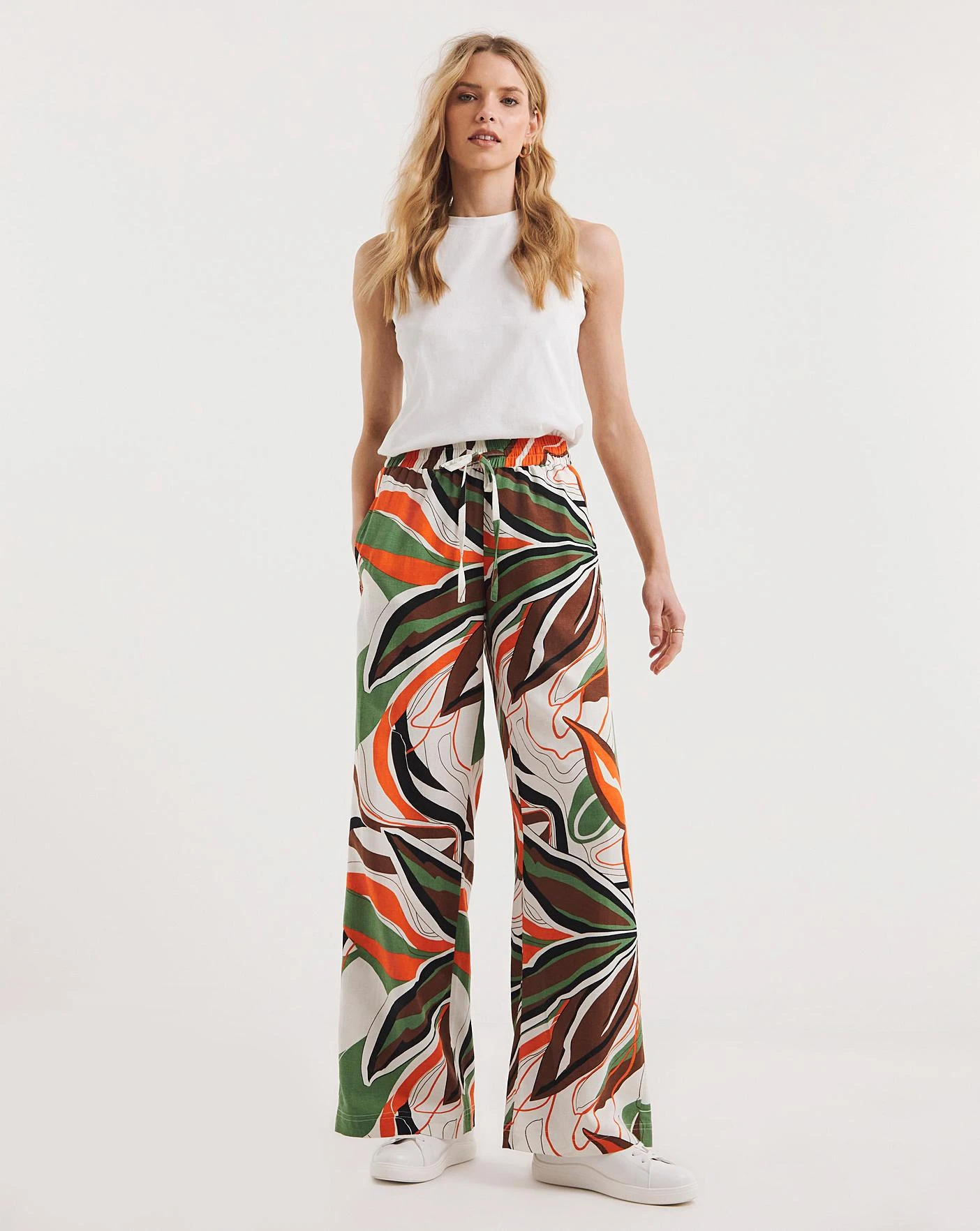 Tropical Green Print Linen Mix Wide Leg Trousers| Tropical Print 4 Tropical Green Print Linen Mix Wide Leg Trousers| Tropical Print - Image 2