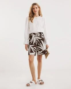 Chocolate Leaf Print Linen Mix Knee Length Shorts| Chocolate