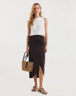 Chocolate Stretch Jersey Ring Detail Mock Wrap Skirt| Chocolate -Trendy Rae Sales y01gz465719w