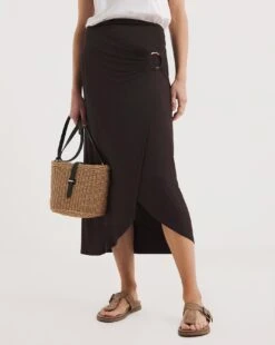 Chocolate Stretch Jersey Ring Detail Mock Wrap Skirt| Chocolate -Trendy Rae Sales y01gz465720w