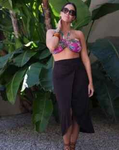 Chocolate Stretch Jersey Ring Detail Mock Wrap Skirt| Chocolate