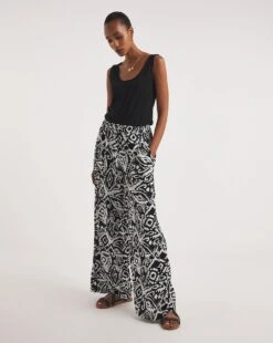 Mono Print Crinkle Wide Leg Trousers| Mono Print