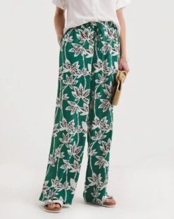 Green Palm Print Spun Viscose Pull On Wide Leg Trousers| Palm Print -Trendy Rae Sales y01gz576720w