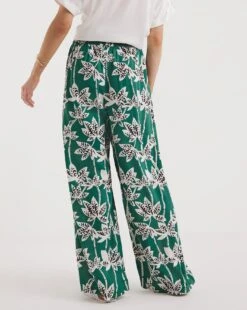 Green Palm Print Spun Viscose Pull On Wide Leg Trousers| Palm Print -Trendy Rae Sales y01gz576722w