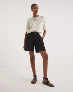 Black Textured Belted City Knee Length Shorts| Black