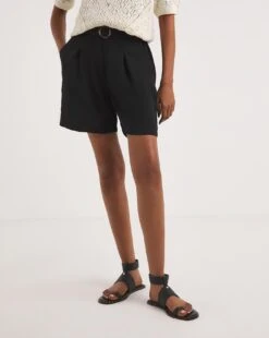 Black Textured Belted City Knee Length Shorts| Black -Trendy Rae Sales y01gz599726w